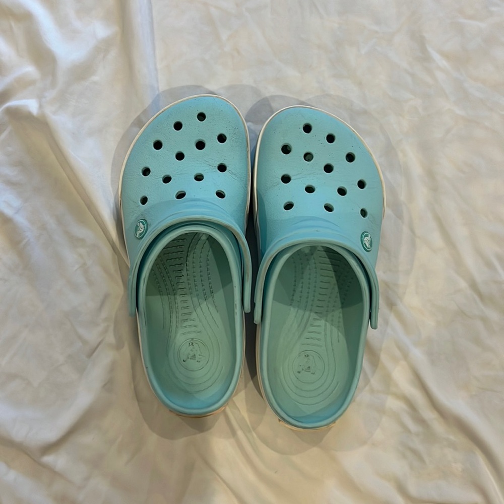 Blue and white crocs